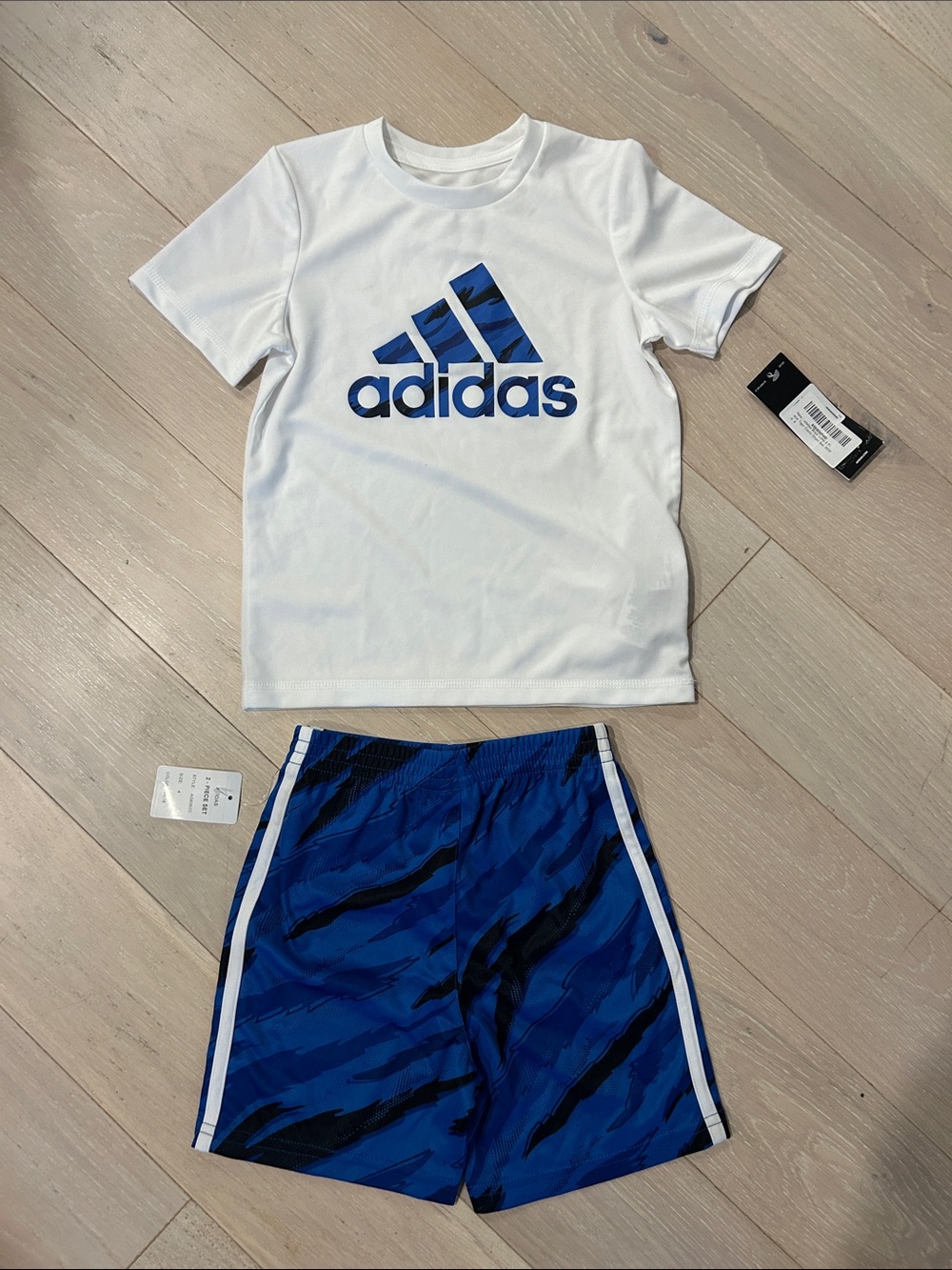 adidas White Tee with Blue Camo Logo and Blue Shorts